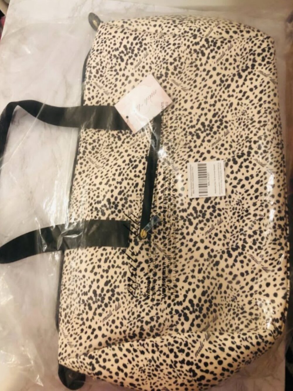 NWT Mali + Lili Spotted Leopard Print Weekender Travel Bag Duffle Cream Black